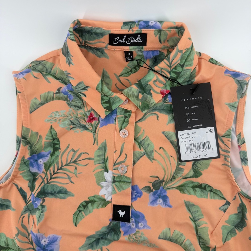 Bad Birdie Women Core Polo SL Flora Fiesta Tropical Golf Shirt Orange Medium NEW